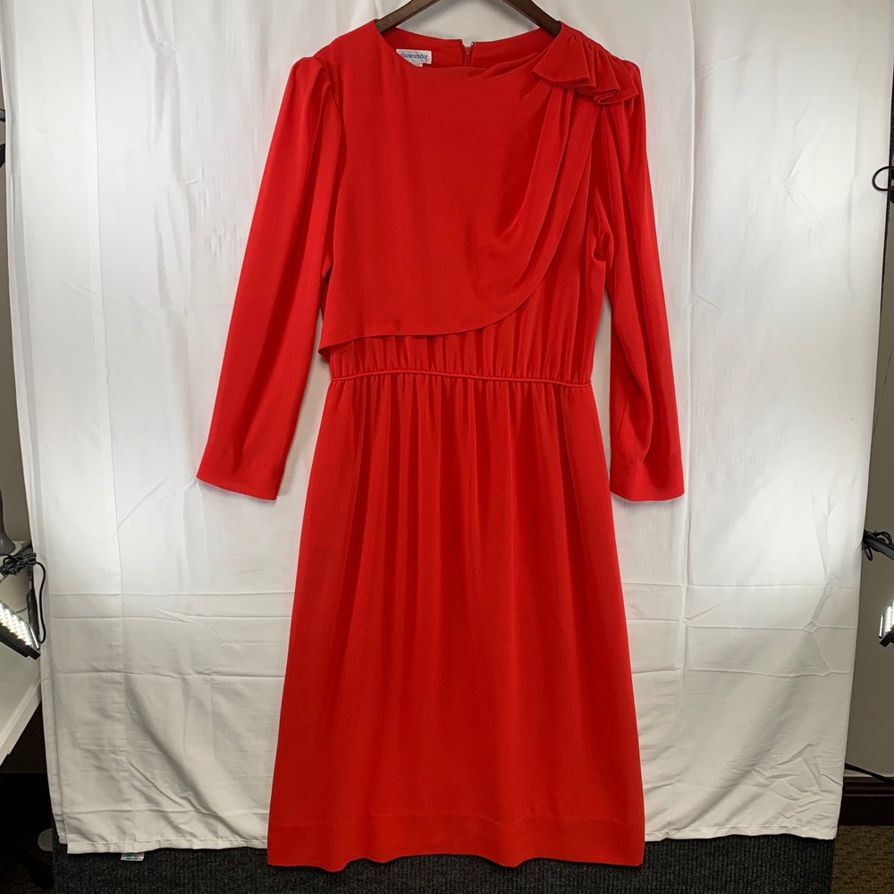 Doncaster Midi Dress Womens L Red Long Sleeve Ruffle Draped Overlay Made‎ in USA